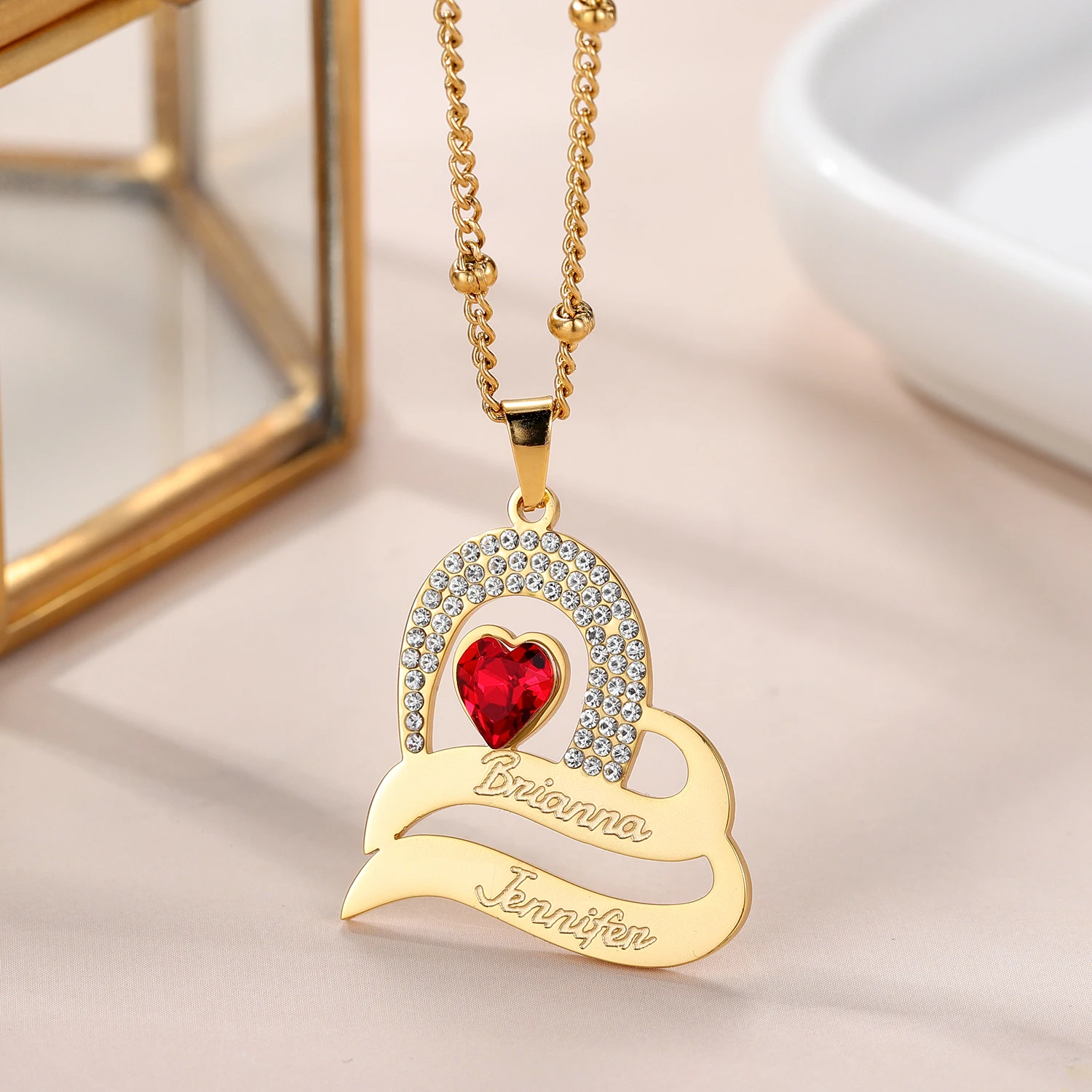 

Personalized Double Heart Necklace With Cubic Zirconia Crystals Custom Diamond Name Delicate Birthstone Jewelry Gift For Women