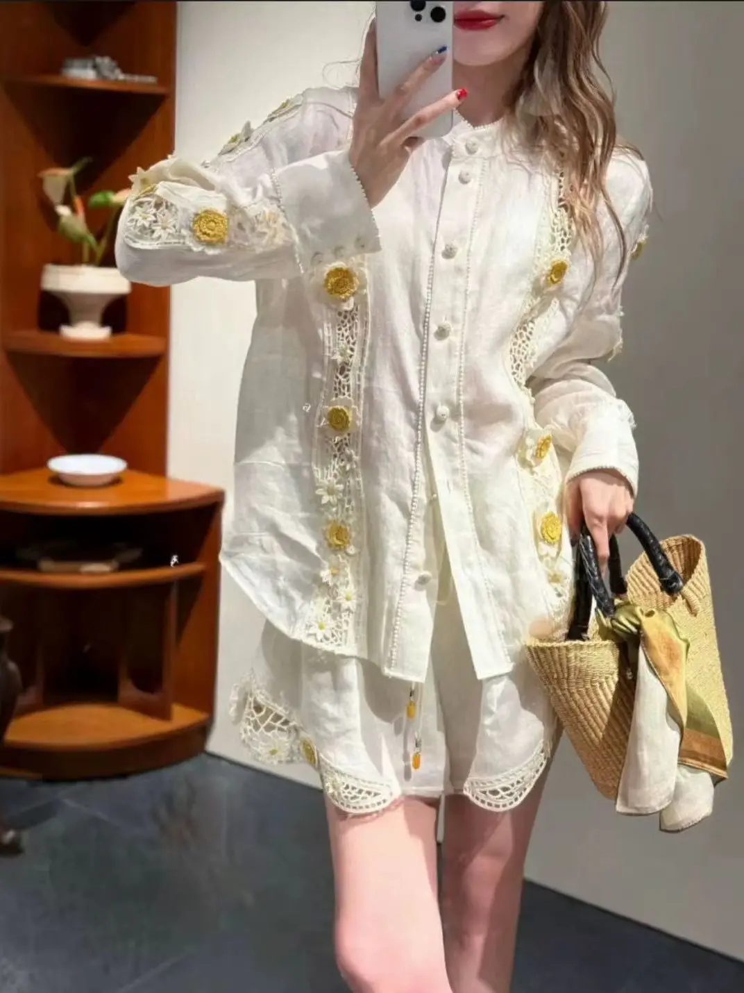 

Summer women's exquisitely trimmed linen bohemian set of clothes with shorts