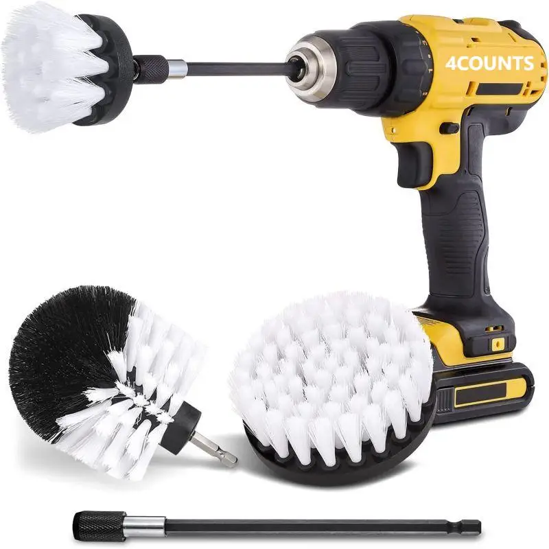 4pcs White Drill Brush Car Detailing Set Soft Bristle Floor Scrubber for Cleaning Boat Seats Carpet Interior and Shower Doors