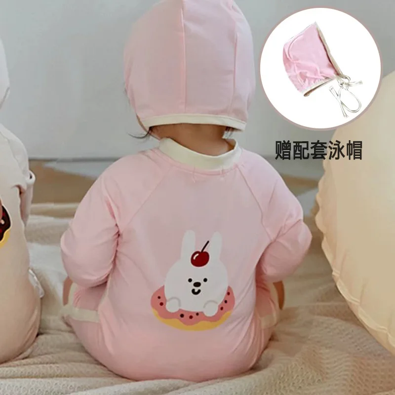 Korean Fashion Swimwear for Kids Boy Girl Cute Cartoon Rabbit Bear Swimsuit Swimming Hat Soft Long Sleeve Travel Beach Clothes