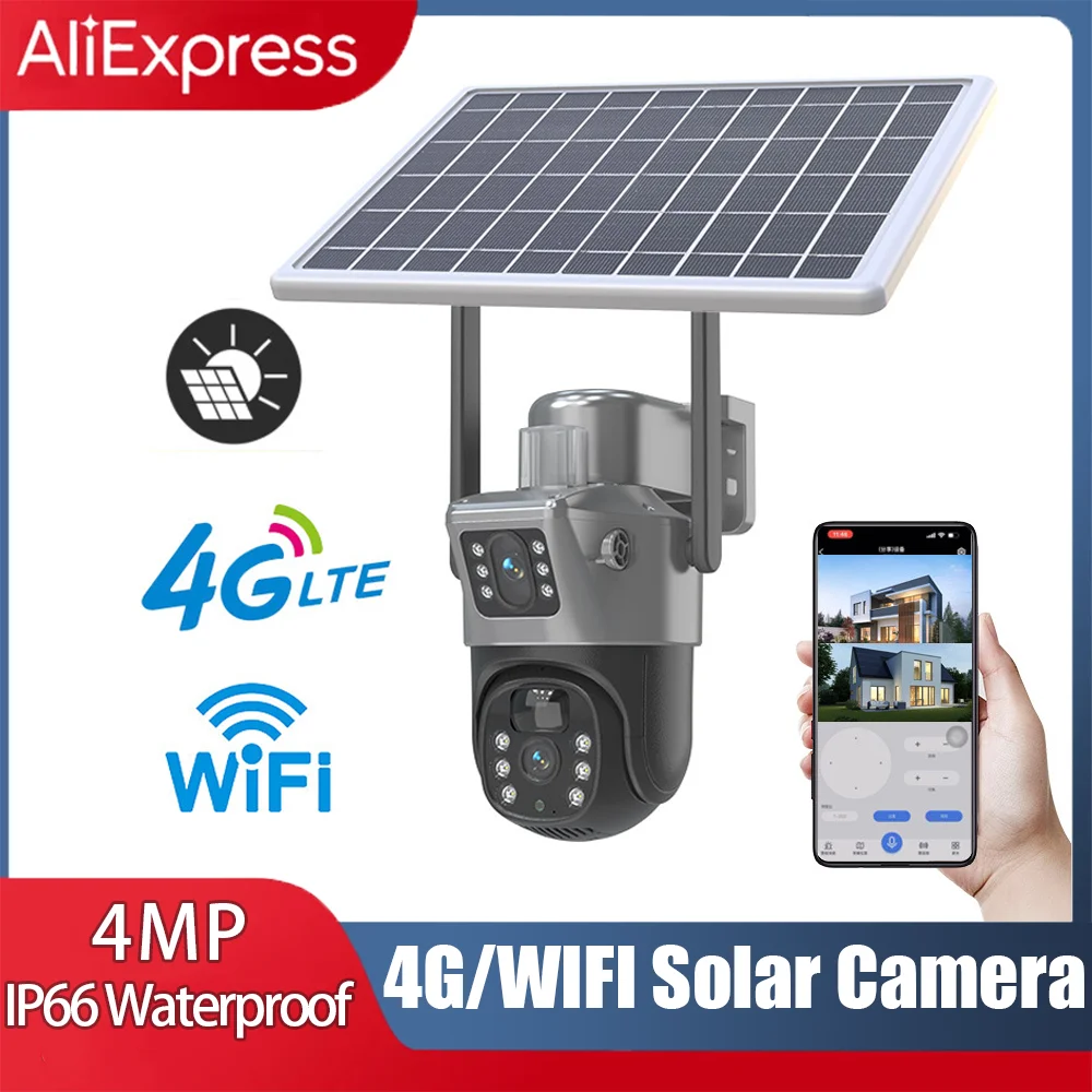 4MP WIFI 4G Wireless PTZ Solar Camera Dual Lens Dual Screen Outdoor IP Camera Solar Panel Audio PIR Security Surveillance Camera