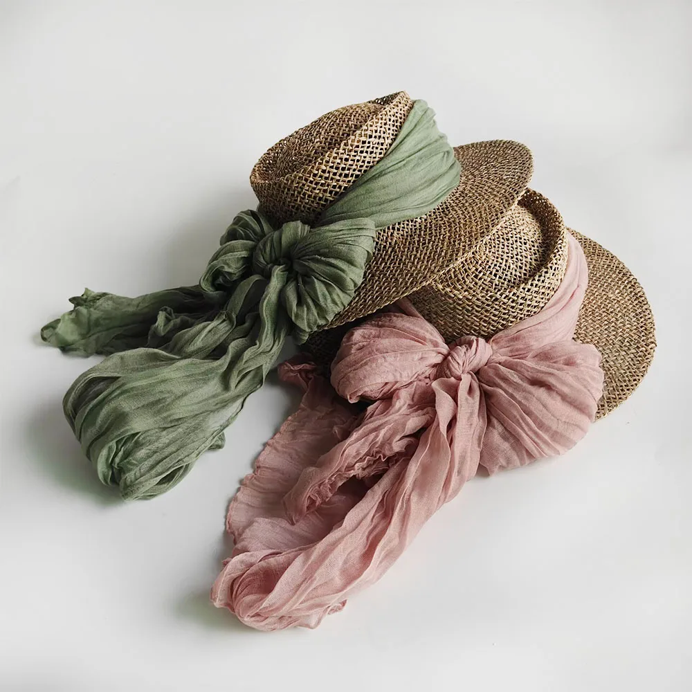 

Women Summer Wide Brim Straw Sun Hat Luxury Lace Mesh Ribbon Bowknot Beach Bucket Hat straw Fedora Panama Hat Outdoor UV Protect