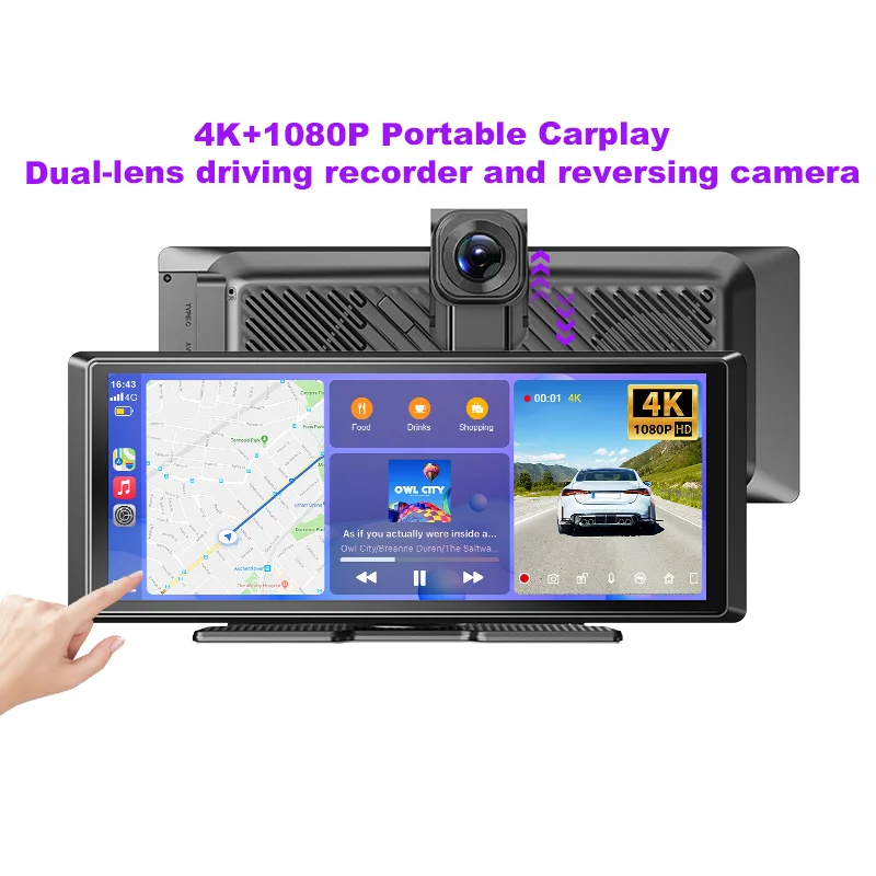 ESSGOO 8,1 Zoll 4K+1080P Tragbarer kabelloser Carplay-Bildschirm, Dashcam, Auto-DVR, Android Auto, Dual-Objektiv-Videorekorder, WLAN, FM, AUX, Typ-C, Bluetooth, Mirror Link, Lenkradsteuerung, für