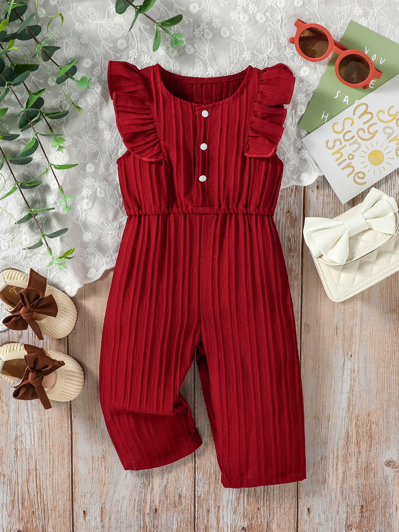 Baby girl Red leisure and simplicity summer pure color sleeveless Fashion Streetwear jumpsuits For 1-3Y Clothing