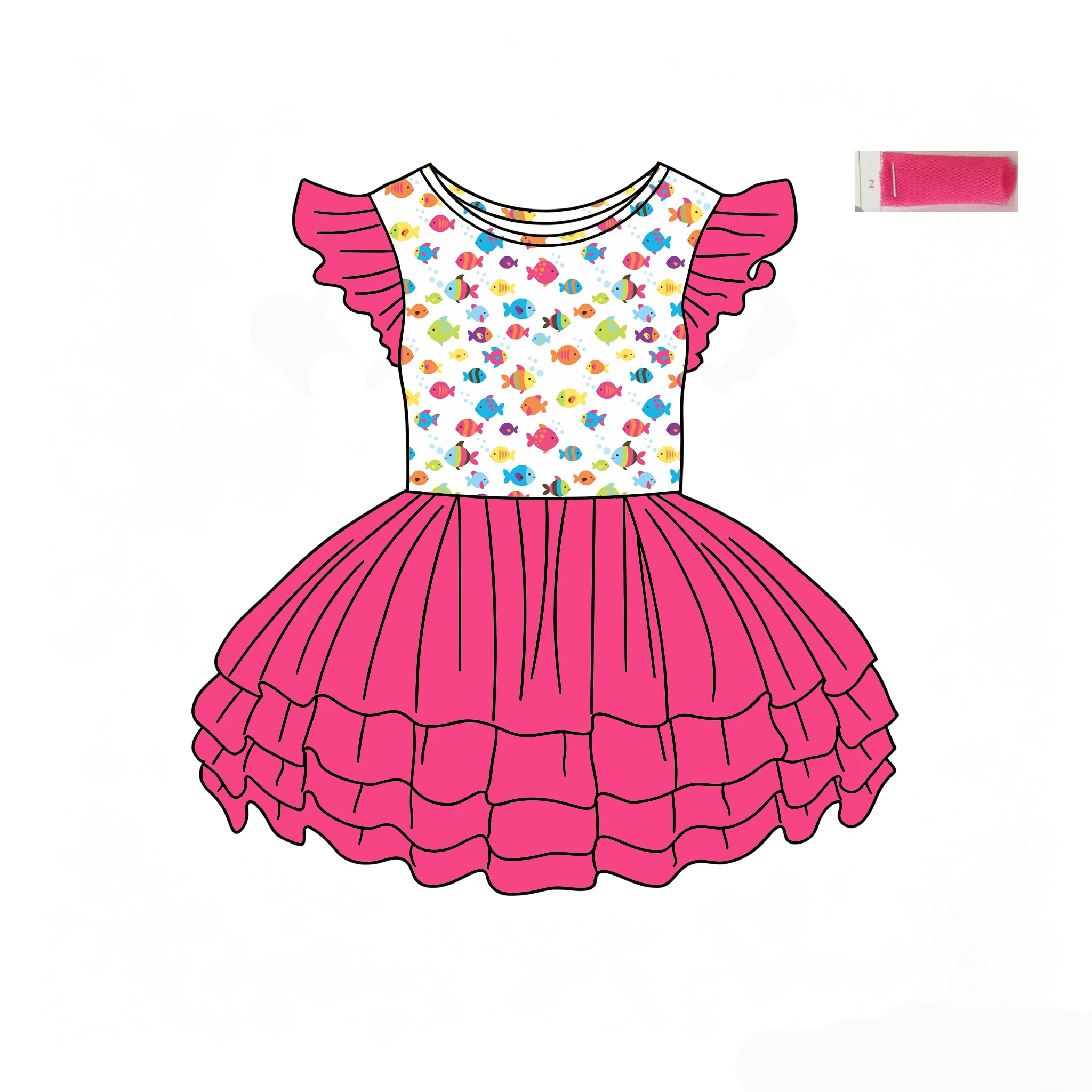 Hot Sale Boutique Children's Dresses sleeveless 4-layer mesh skirt dress cake balloon fish print custom & wholesale