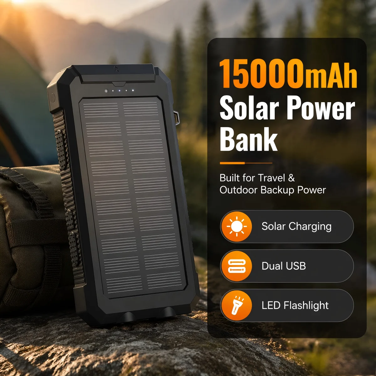 15000mAh Waterproof Solar Power Bank with Flashlight