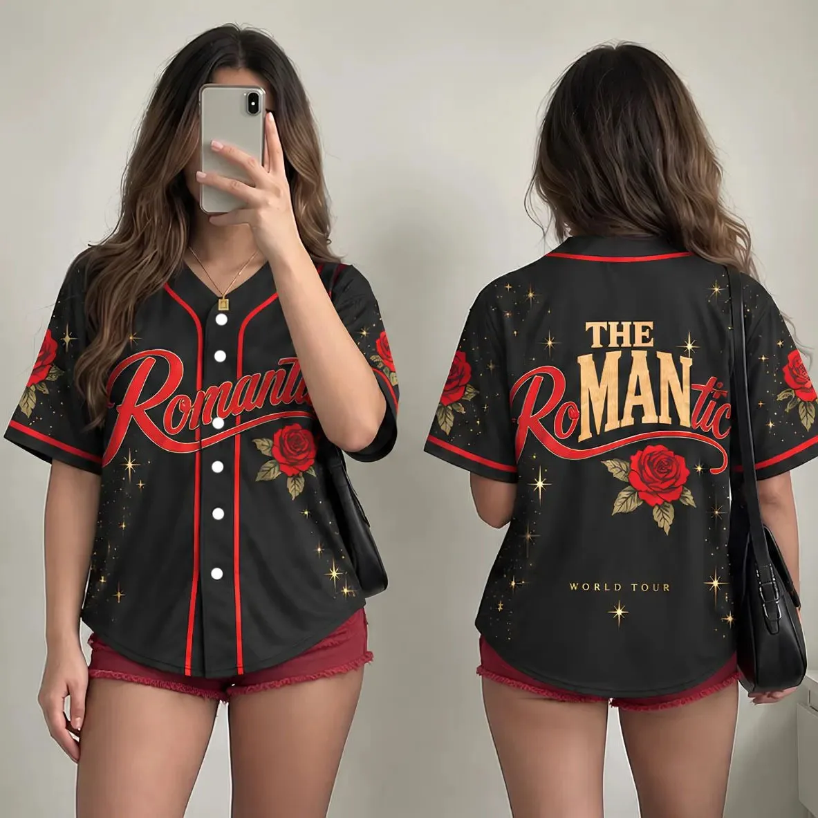 Bruno Mars The Romantic World Tour Baseball Jersey Rose Star Print Unisex Button-Up Short Sleeve Shirt Concert Fan Women Top