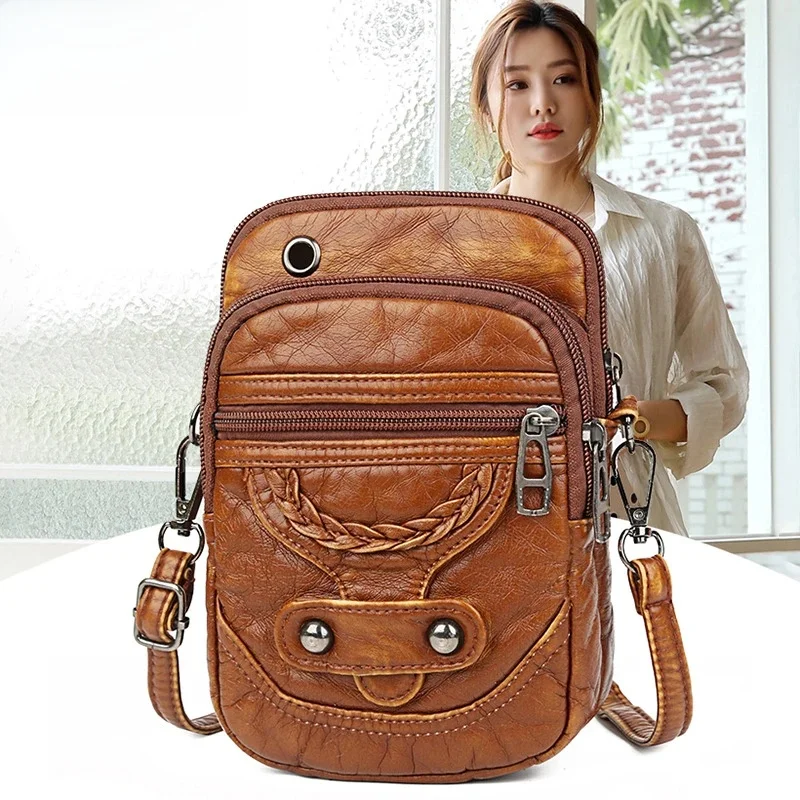 Wielofunkcyjna mała torba na ramię z miękkiej skóry PU dla kobiet Vintage Crossbody Bag Cash Purse Cell phone Baga Handbag Purse — zdjęcie 2