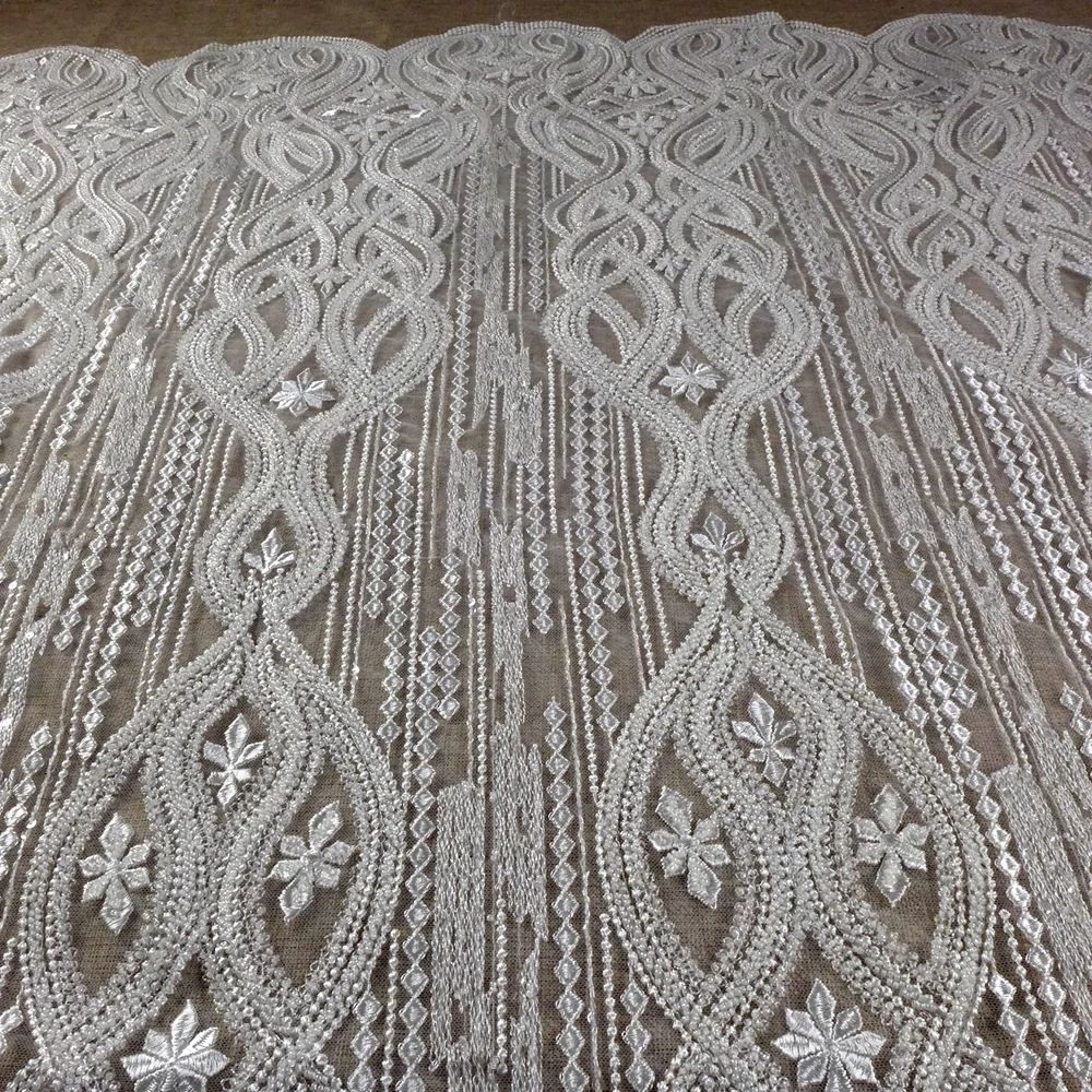 HelluyerDc popular white beaded lace fabric,lines patterns embroidery for wedding prom dress fabric by the yard