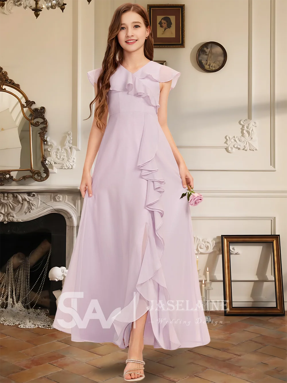 A Kids A Line V Neck Floor Length Chiffon Junior Bridesmaid Dress With Cascading Ruffles Flower Girl Dress Wedding Party Formal