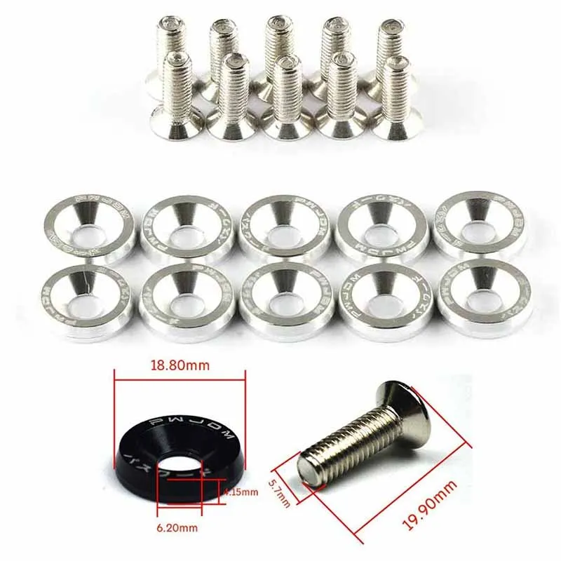 Universally 10pc Silver Car Modified Hex Fasteners Fender Washer Bumper Engine Concave Screws Aluminum Fender Washers and Bolt