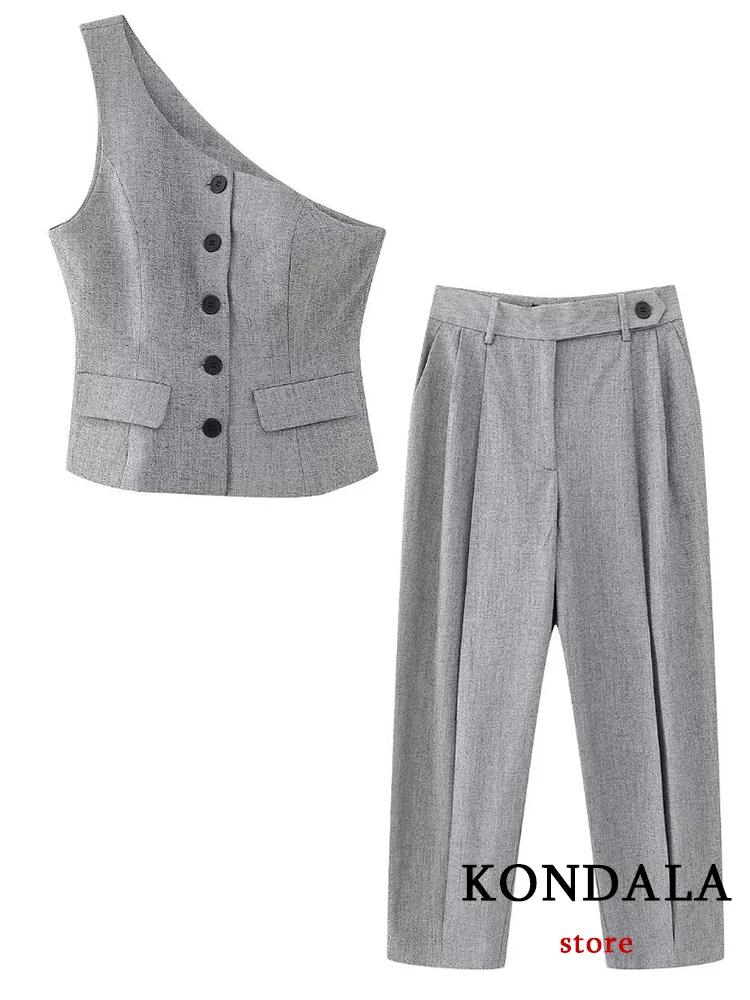 KONDALA New Chic Grey Fashion 2023 Autumn Office Lady Women Suit Sleeveless Blazer Button Waistcoat Casual Wide Leg Zipper Pants