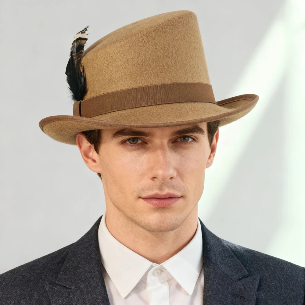Sloping Top Man Fedora Unisex Gentleman Cosplay Derby Bowler Hat British Shape Hat Autumn WInter Magic Hat Feather Accessories