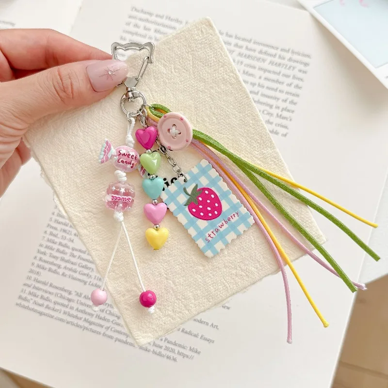 1 Piece Dopamine Heart Keychain Sweet Pendant Color-Blocking Tassel Bag Accessory Small Gift Ccd Camera Charm