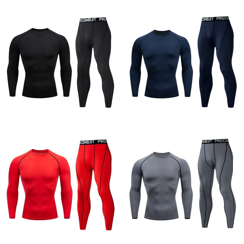 2pcs Men\'s Compression Sportswear Suit GYM Tight Sports Yoga Sets Workout Jogging MMA Fitness Clothing Tracksuit Pants Sporting