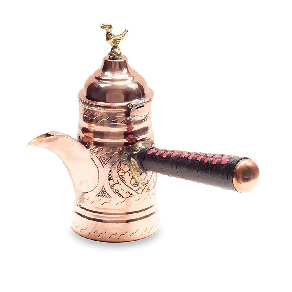 

Copper Mirra Coffee Pot Copper Color Diffrent Size Authentic Design Handcrafted Arabic Coffee Culture Leather-Cover