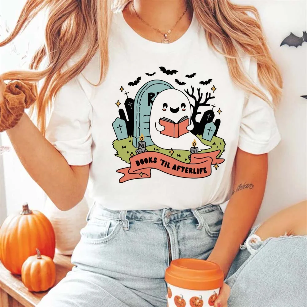 Books Til Afterlife Bookish Halloween Ghost Printed T-Shirt Short Sleeve Round Neck Cute Casual Top Summer Women's Street T-Shir