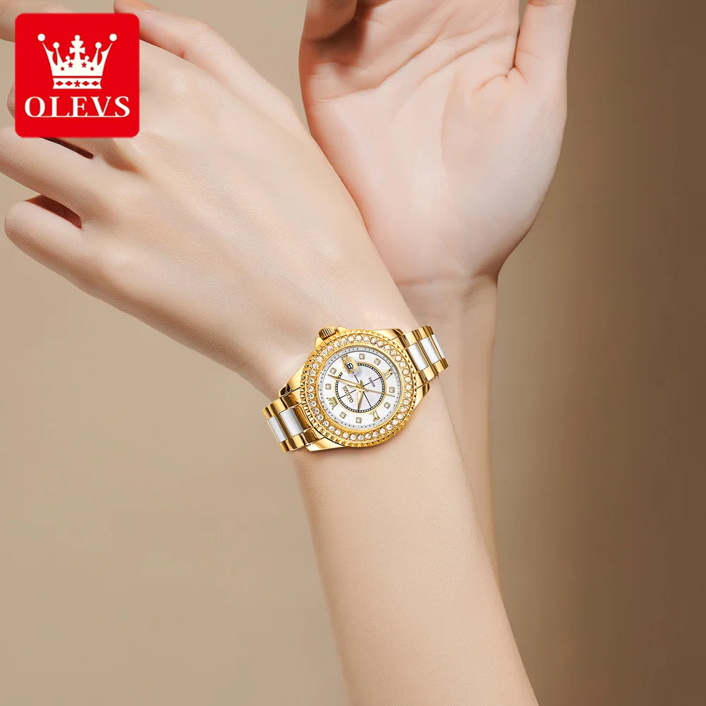 OLEVS 3685 Elegant Diamond  Women's Watch with Ceramics Strap Original Quartz Luxury Ladies Wristwatch Christmas Gift