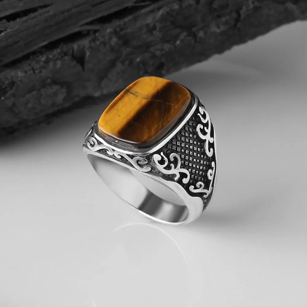 Men's Ring, 925 Sterling Tiger 'S Eye Stone Silver Ring, Free Shipping, Vintage Turkish Style, Real Natural Stone, made in Turkey Fashion Jewelry