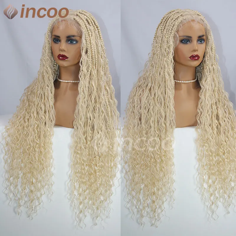 Pelucas sintéticas trenzadas para mujeres negras, postizo de 32 ", estilo Boho Box Jumbo, con extremo rizado, Rubio 613, con parte cuadrada grande