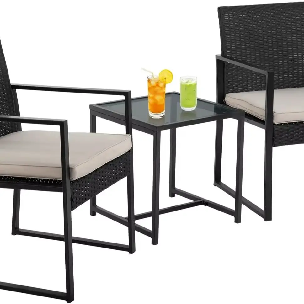 PayLessHere 3-Piece Rattan Wicker Bistro Set Outdoor Conversation Set Sturdy Frame Wicker Furniture with 2 Chairs Cushions Tempe