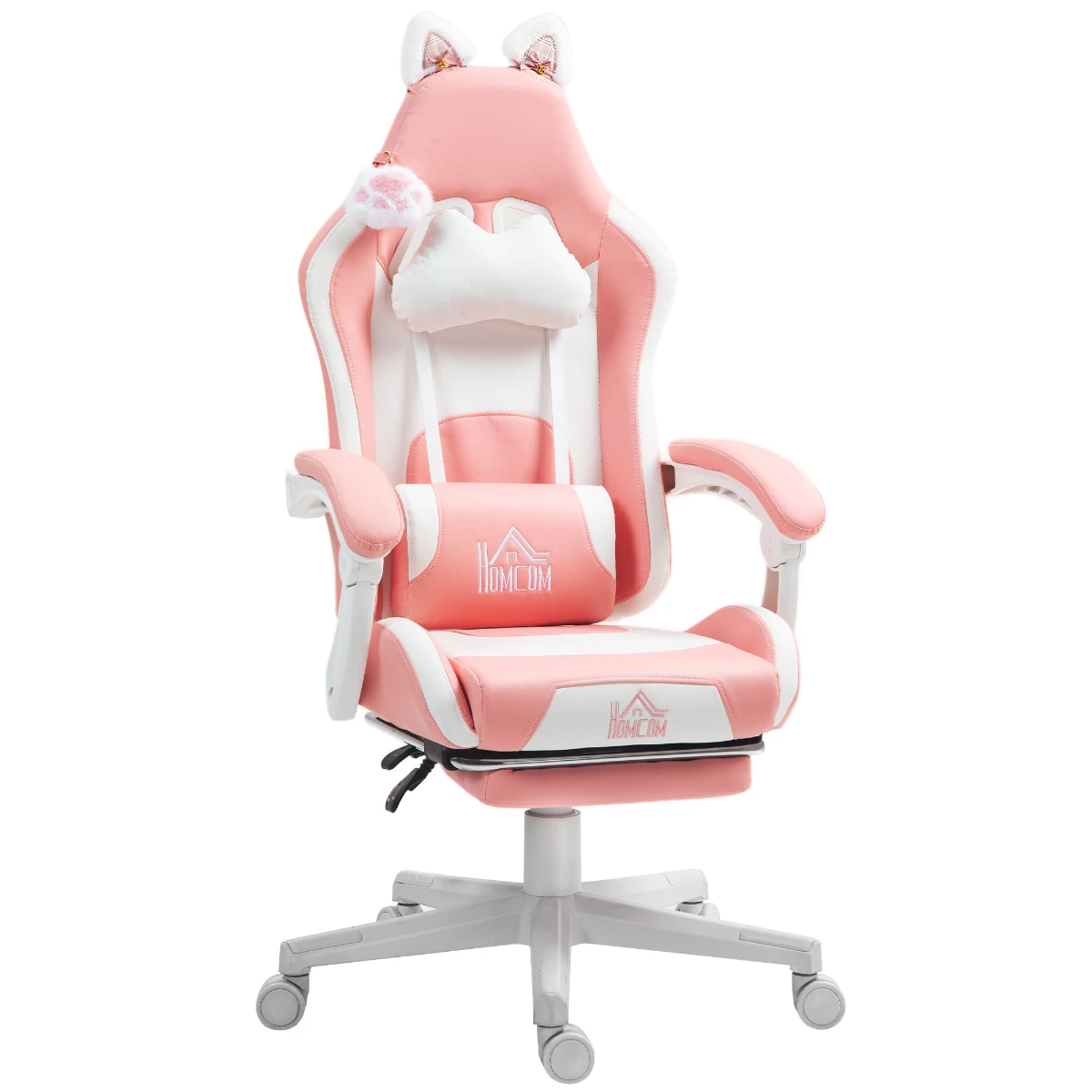 Fauteuil de jeu ergonomique avec soutien lombaire, repose-pieds, accoudoirs avec oreilles de chat, appui-tête, hauteur réglable et fonction inclinable - Rose