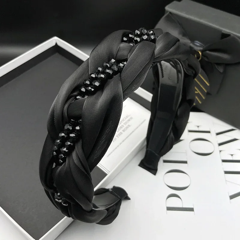 Nouveau bandeau tressé en organza bandeau en cristal noir accessoires pour cheveux antidérapants à large bord