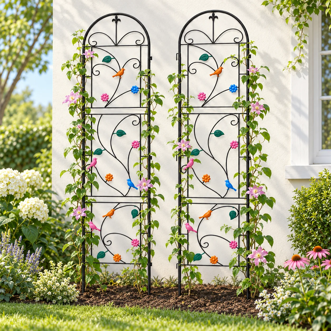2 Pack Metal Garden Trellis for Climbing Plants 84.25in Tall Decorative Iron Plant Support with Ground Stakes for Roses Vines Vegetables