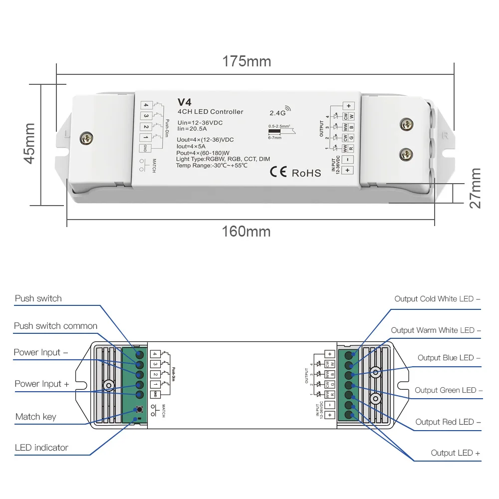 RF 2.4G RGBW LED Controller For LED Strip Lights Tape 4-Channel 5A/Channel DC 12V 24V 36V High Power Dimmer