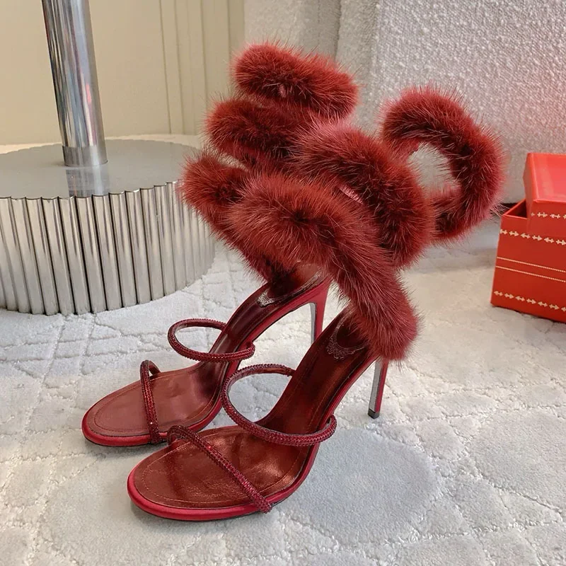 

Dress Shoes Women Fur Decor Ankle Snake Twine Around High Heels Sandals Summer Glittering Crystal Thin Heels Wedding Shoes