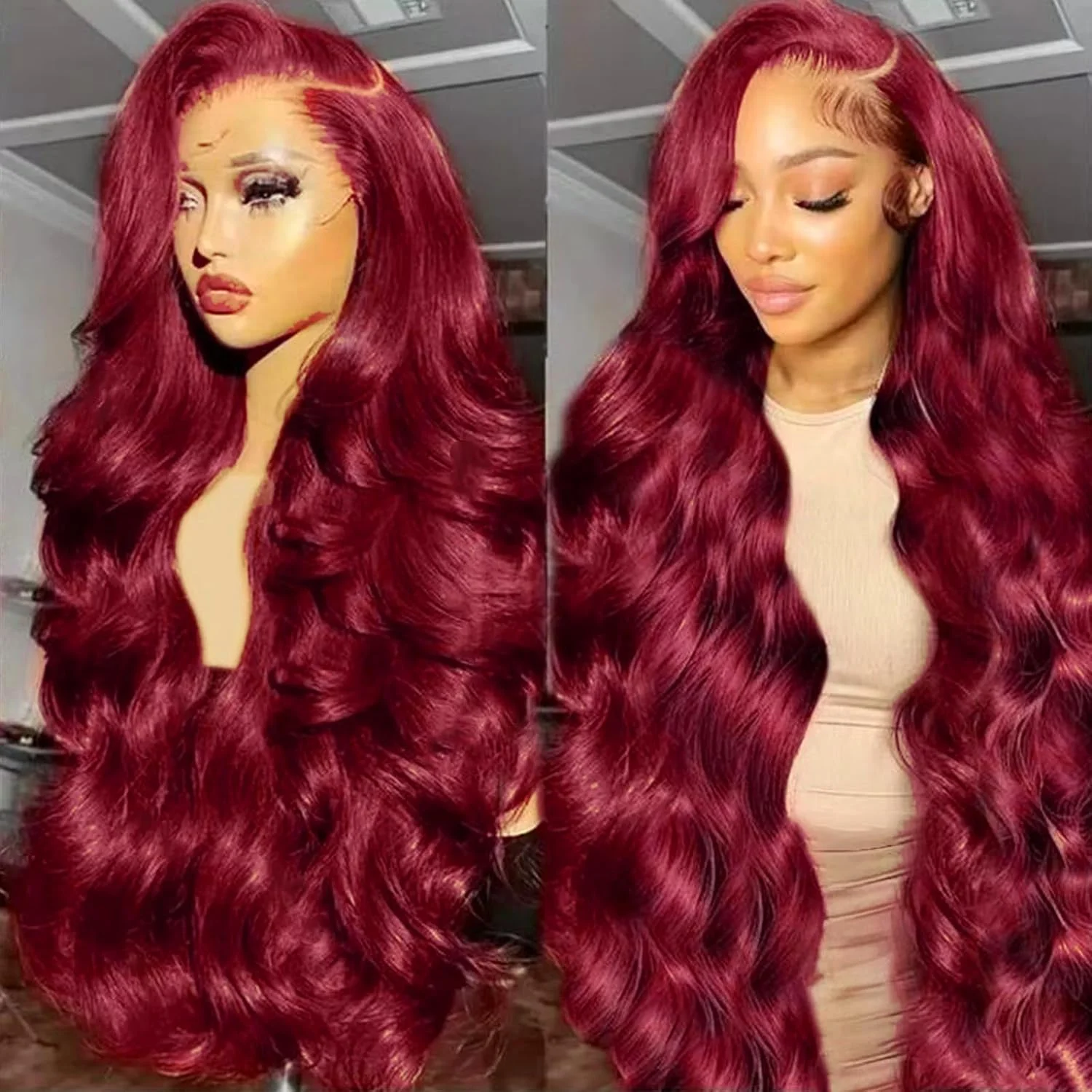 Wig Burgundy Rambut Asli 200% Density 13x4 99j Body Wave Lace Front Wig Rambut Asli Pre Plucked Wig Pendek untuk Wanita Tanpa Lem