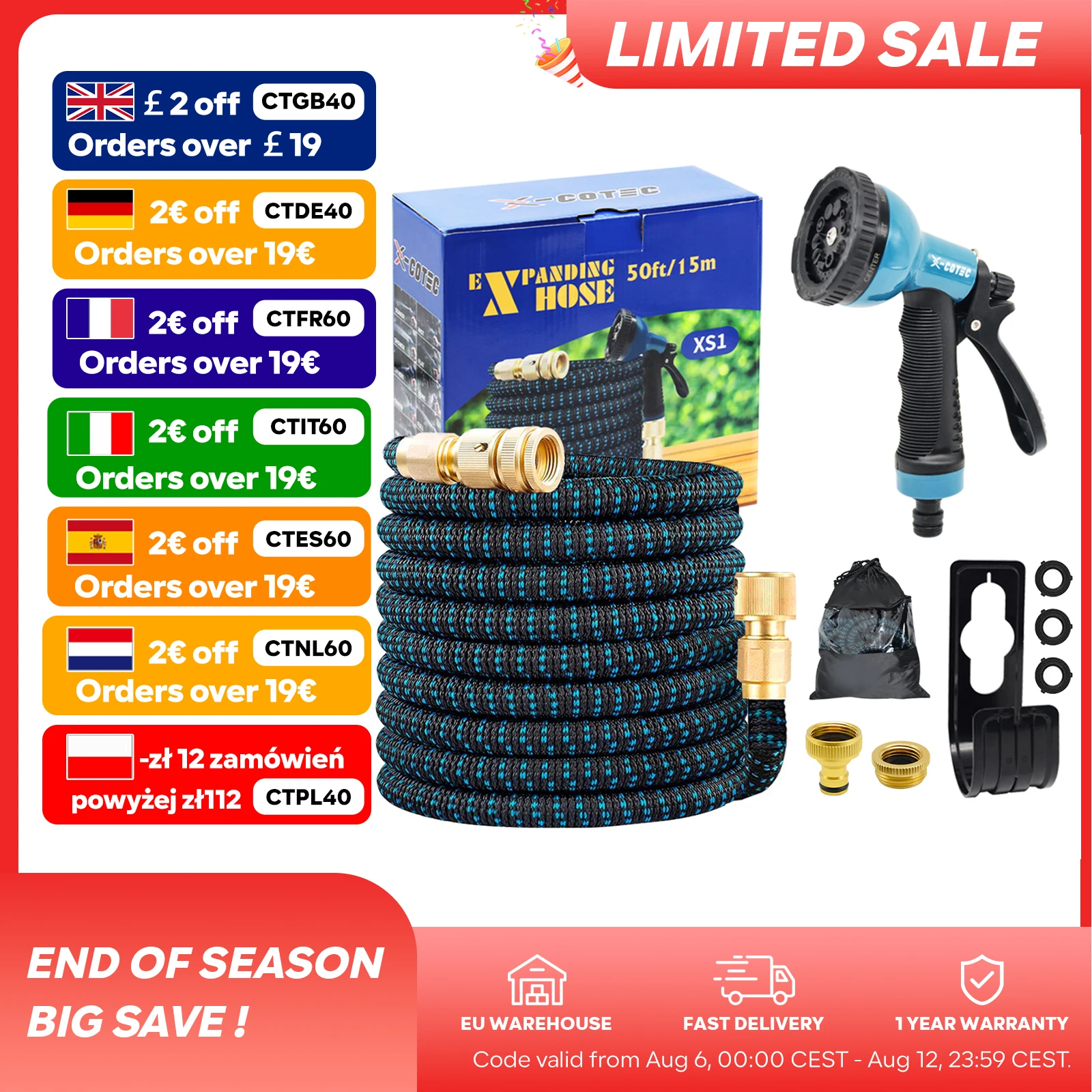 X-COTEC Tubo da Giardino Espandibile, Tubi Dell'acqua, Connettori da 1/2 e 3/4，10 Ugelli Funzionali，30m/100FT， per l'irrigazione e la Pulizia del Giardino, il Lavaggio Dell'auto