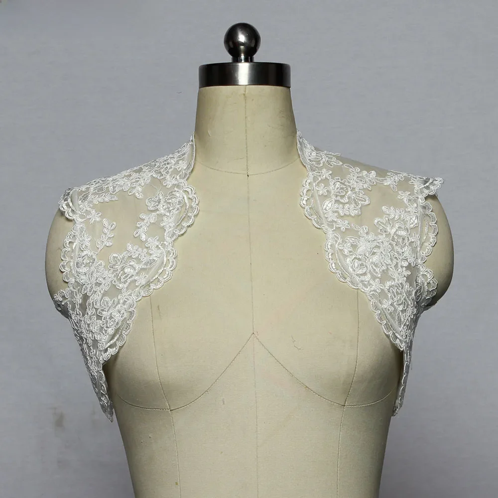 Mingli Tengda kość słoniowa/biała koronkowa kurtka ślubny szal ślubny aplikacja ślubne wzruszenie ramion Wrap Bolero Custom Made kurtka ślubna damska — zdjęcie 2