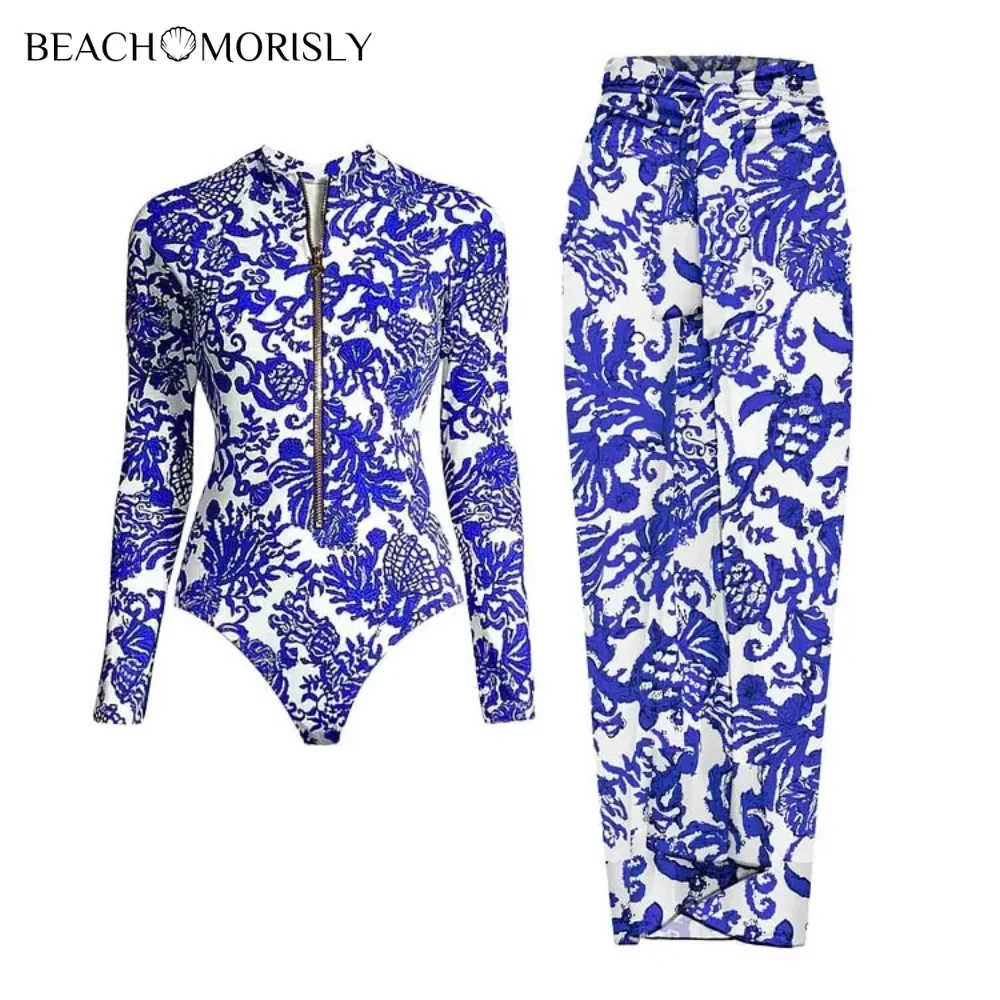 

2024 Swimsuit Long Sleeve Zip Blue White One Piece Swimwear Women Vacation Beachwear Luxury Bathing Suit Bikini surfing suit