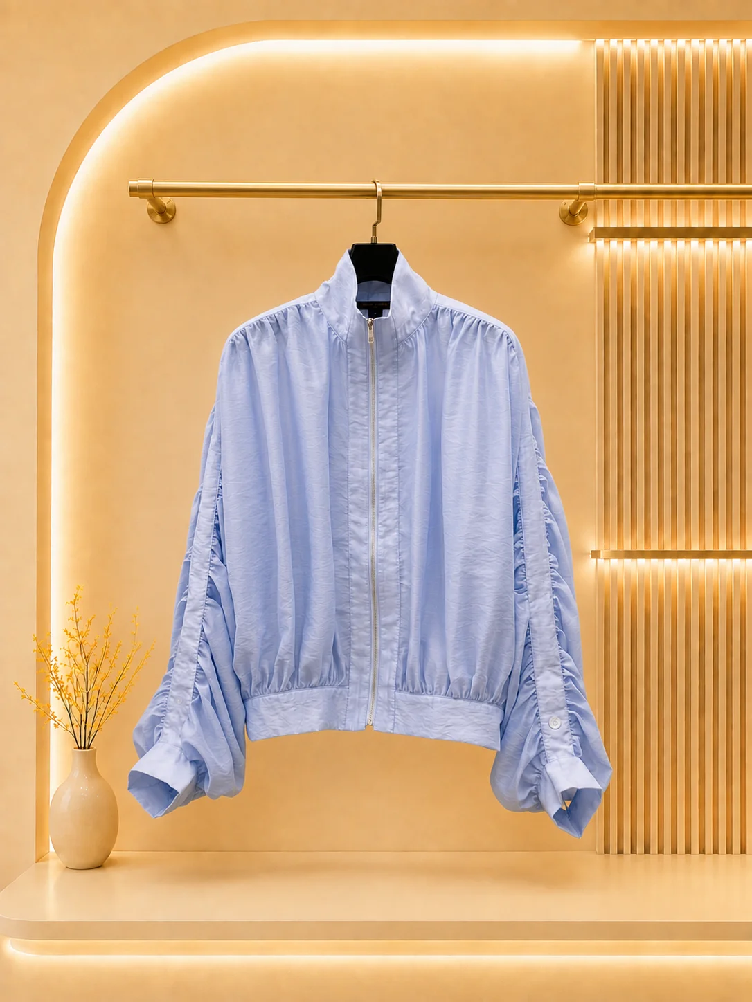2026 Women Outerwear Stand Collar Zip‑Up Cropped Jacket Ruched Long Sleeve Loose Lightweight Casual Coat