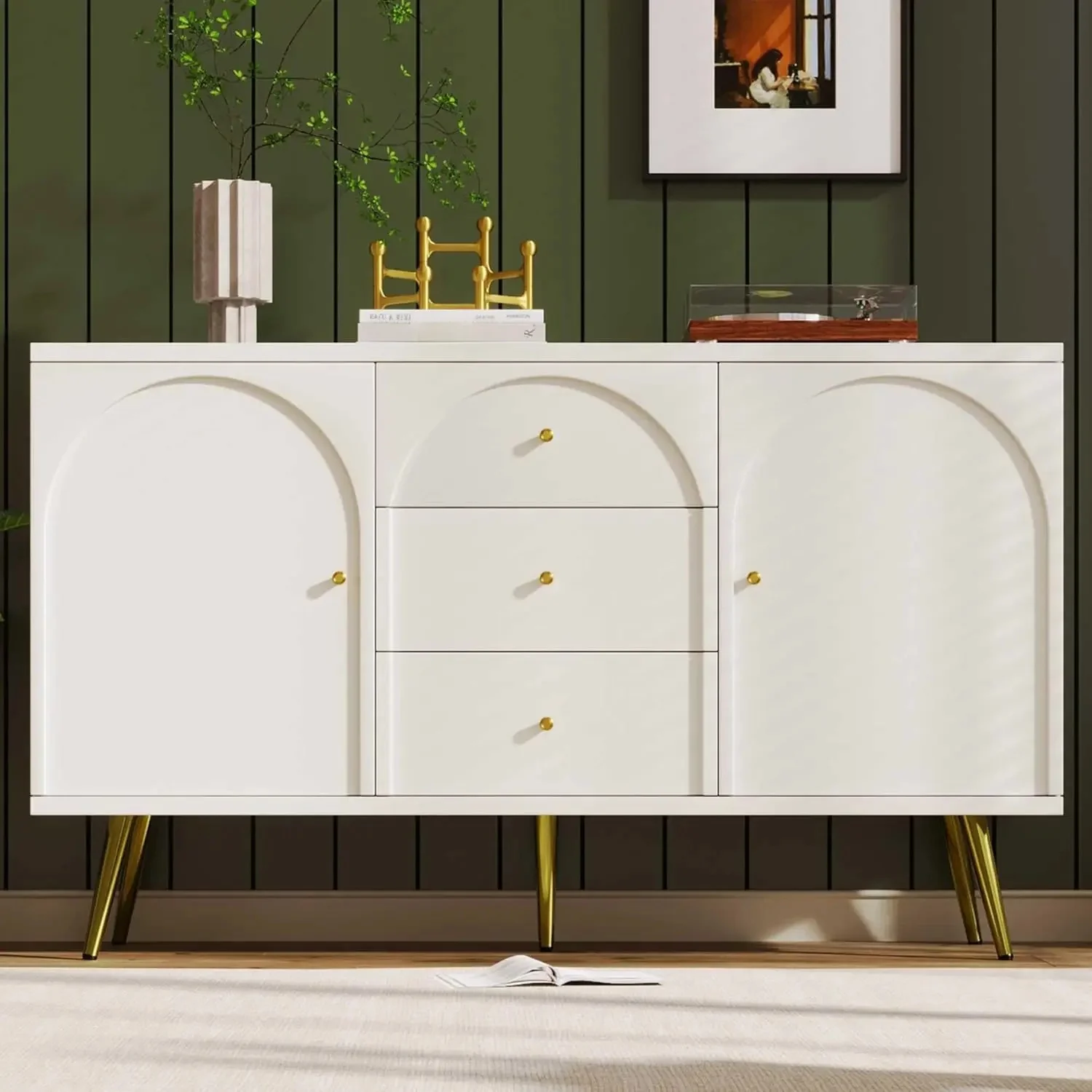 Sideboard Cabinet for Living Room Chest of Drawers with 2 Doors and 3 Drawers Adjustable Shelf 40D x 140W x 84H CM (Cream White)