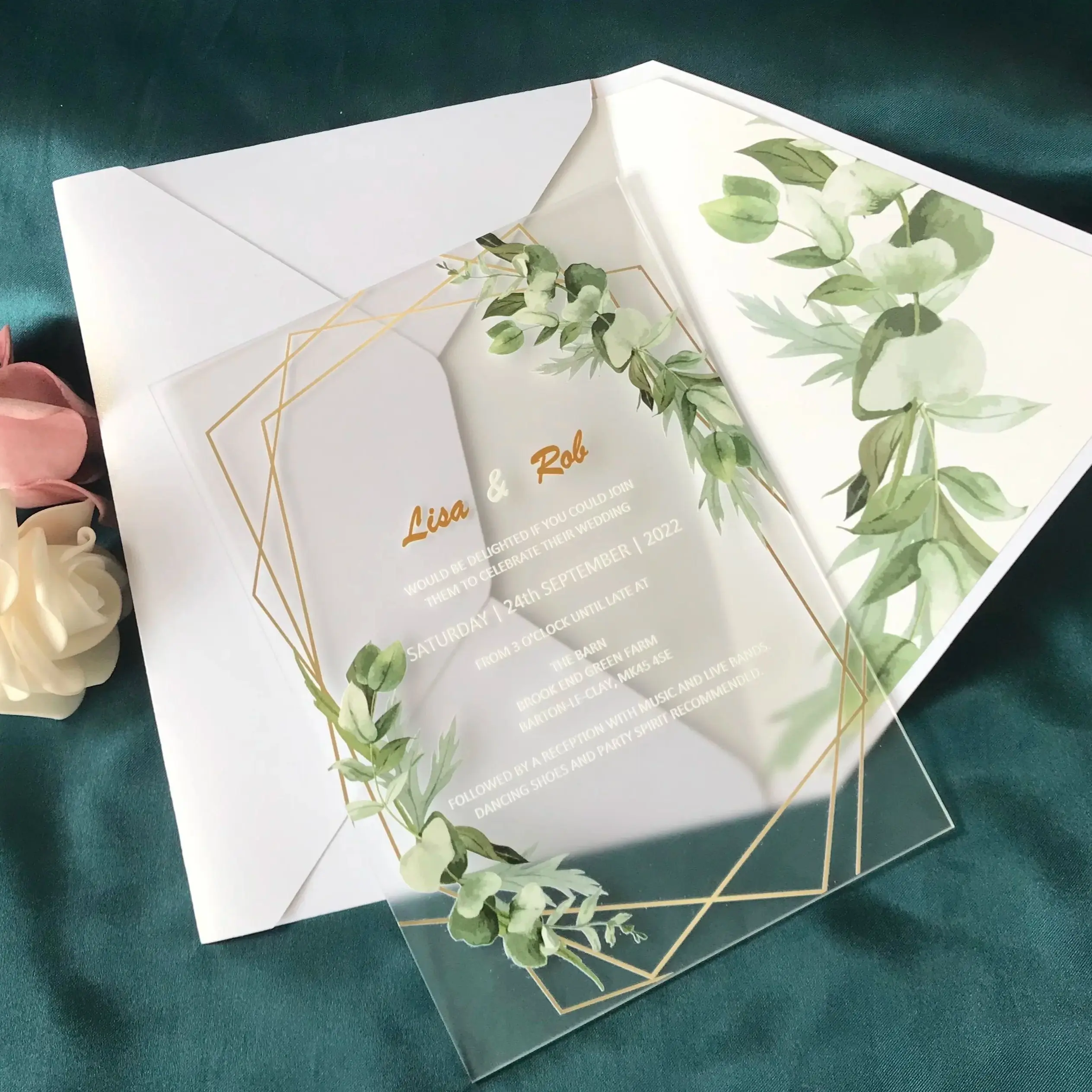 

Custom Acrylic Wedding Invitation, Clear Invitations, Frosty Acrylic, Green Leaves, 10Pcs