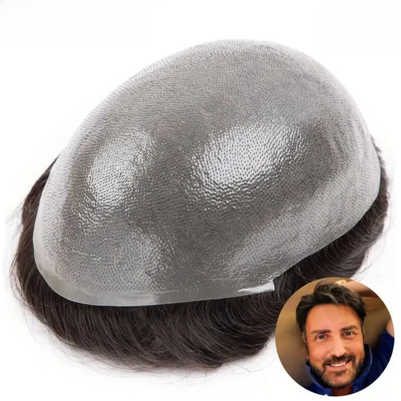 Hochwertige, langlebige, geknotete Microskin-Haarprothese für Männer, 0,12 mm, Kapillarprothese für Herren, 100 % Echthaar-Perücken für Männer