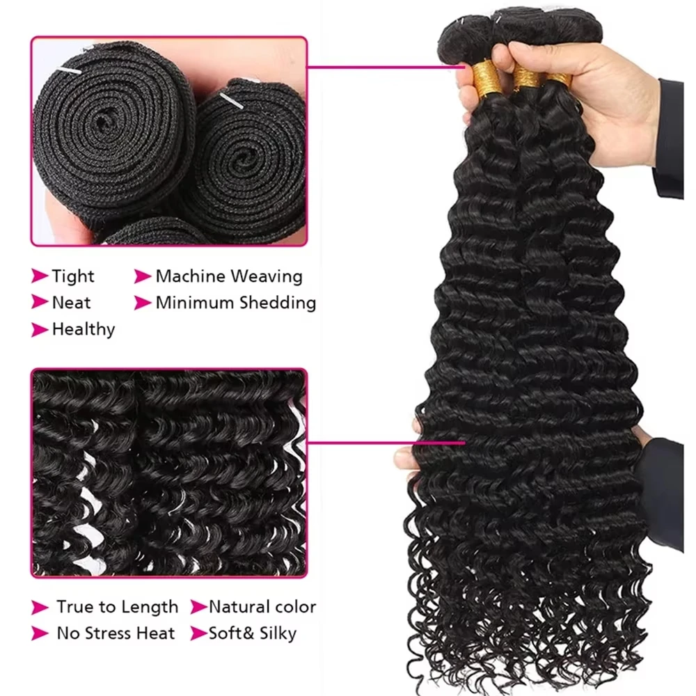 12A Deep Wave 100% Human Hair Bulk Braiding Hair Extensions Double Weft 36 38 40 Inch Brazilian Curly Remy Hair 3 Bundle Deals