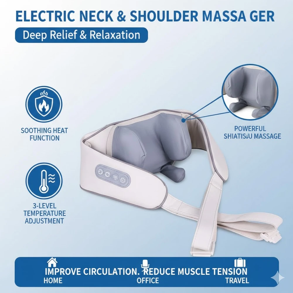 

Электрический массажер для шеи и плеч с подогревом, 3-уровневый массажер для спины с функцией шиацу для снятия боли в трапециевидных мышцах
