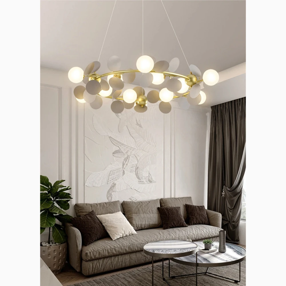 Modern Round Sleek Gold Glass Ceiling Chandelier Creative Design Hanging Drum Lighting Decoration Art Luxury