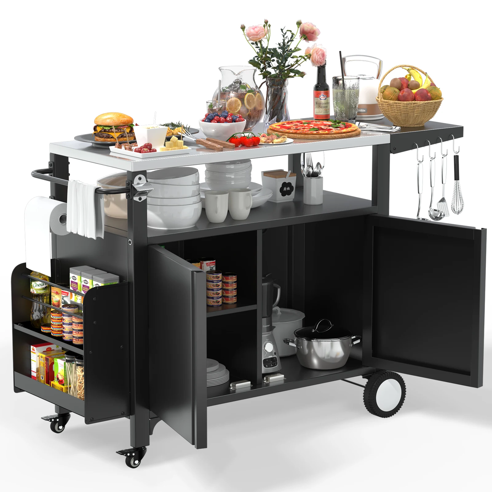 

Outdoor Grill Cart with Wheels, Weatherproof Outdoor Kitchen Outdoor Bar Cart Mobile BBQ with Foldable Stainless Steel Top & Sto
