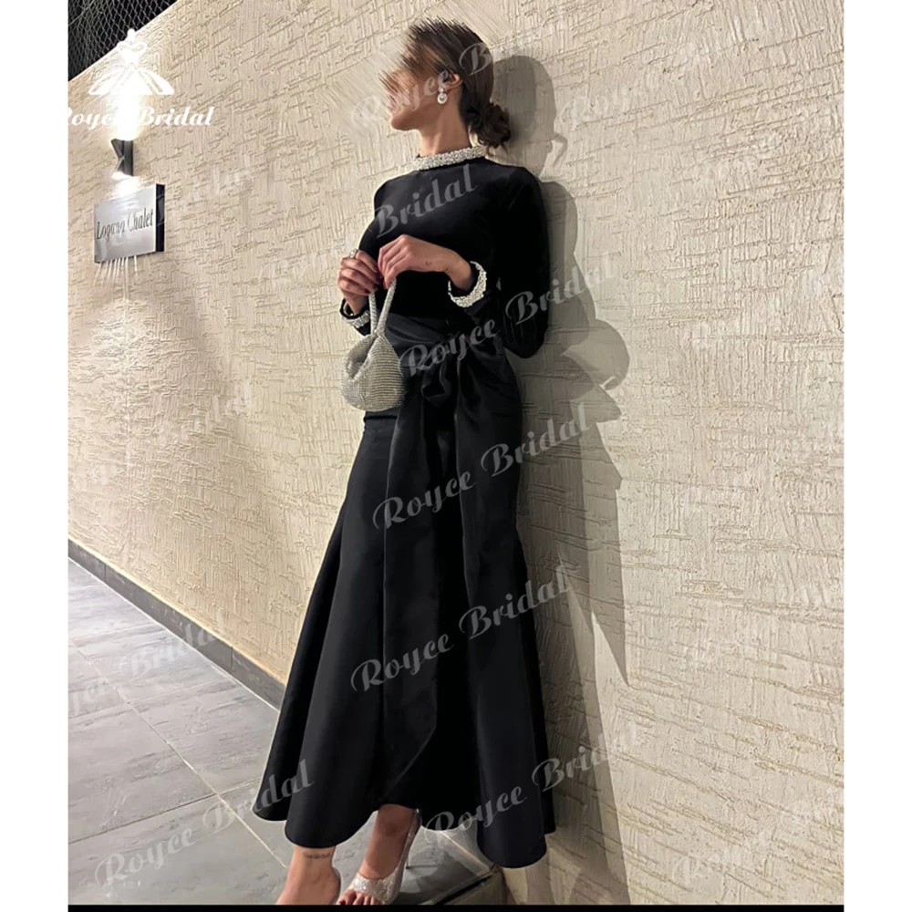 Vestido de noche de satén con cuello alto para mujer, traje bohemio de manga larga con cinturón y lazo, Color negro, elegante, para fiesta Formal, 2024