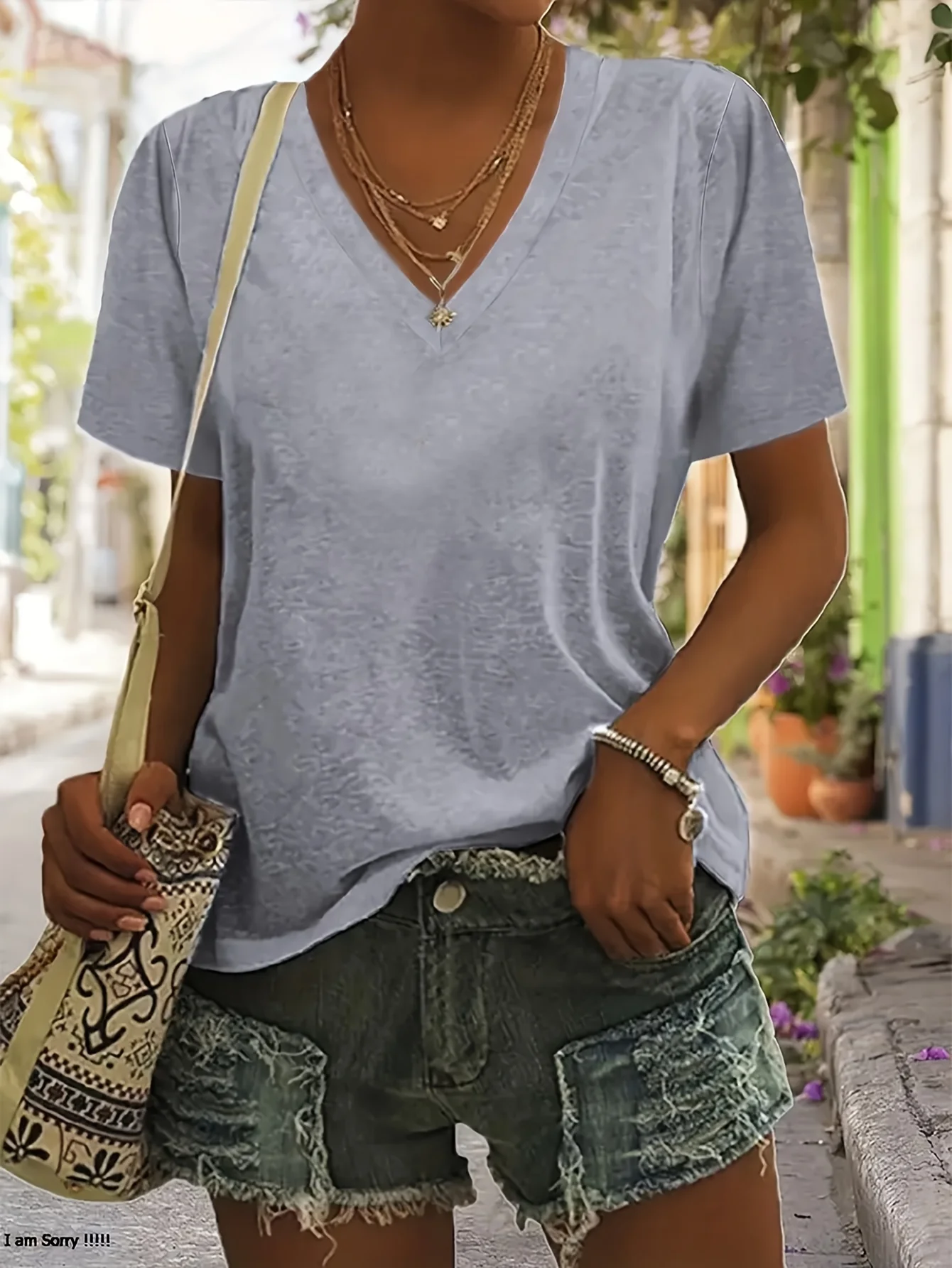 Ladies V-Neck Grey T-Shirt Summer Thin Style Casual Comfortable Women's Top