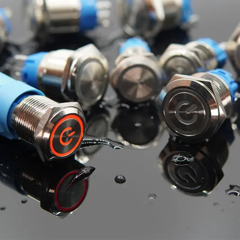 Botão de Metal no Interruptor Desligado, Luz LED, Impermeável, Plana, Circular, 3V, 6V, 12V, 24V,