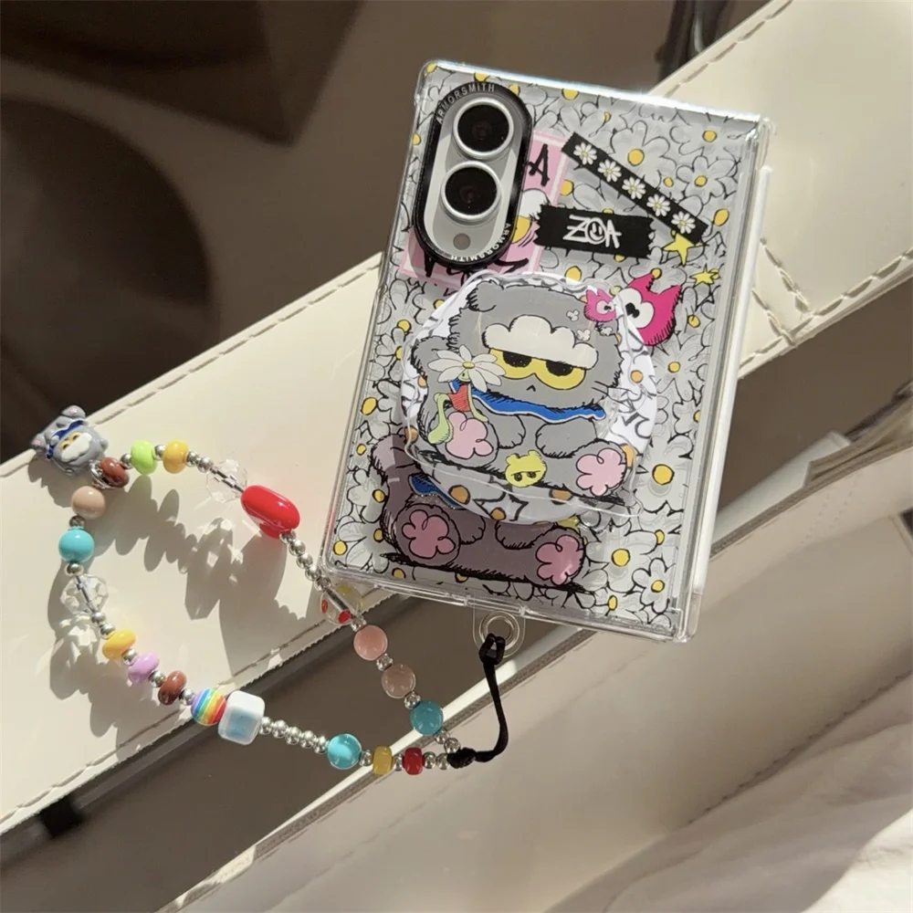 Koreańskie urocze etui na telefon z motywem kwiatowego kotka, magnetyczne, do Samsung Galaxy Z Fold 8 Ultra Fold 8 7 Fold 8, z podstawką Magsafe i łańcuszkiem. — zdjęcie produktu 2