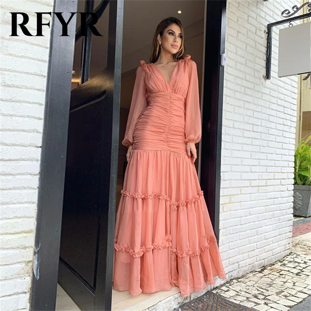 RFYR V-neck Blush Evening Dress Bat Mitzvah Mermaid Prom Dress Gown Party Ruched Vestidos De Fiestas Elegantes Mujer Customized