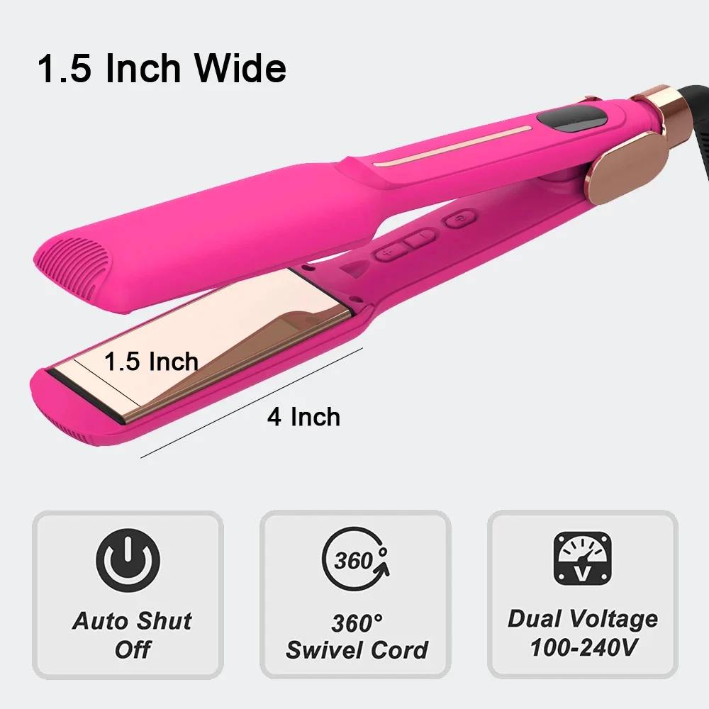 Hair Straightener Woman 450℉ Titanium Pink Infrared Wide Flat Iron,30s Fast Heating and Curler 2 in 1 Hair Straightener