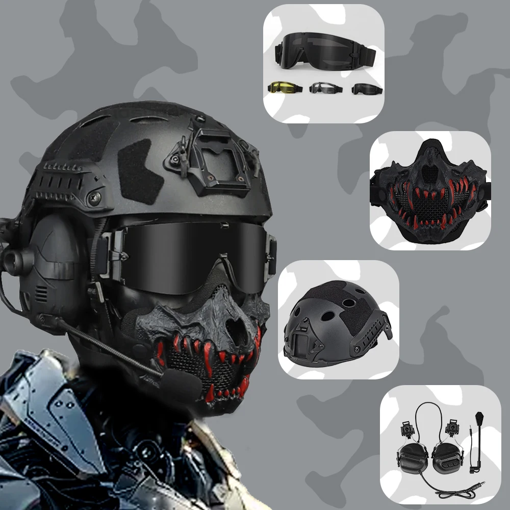

Tactical Airsoft FAST Helmet Set and Foldable Half-Face Mesh Ear Protection Mask with Goggles Headphone Full Face Protection Set