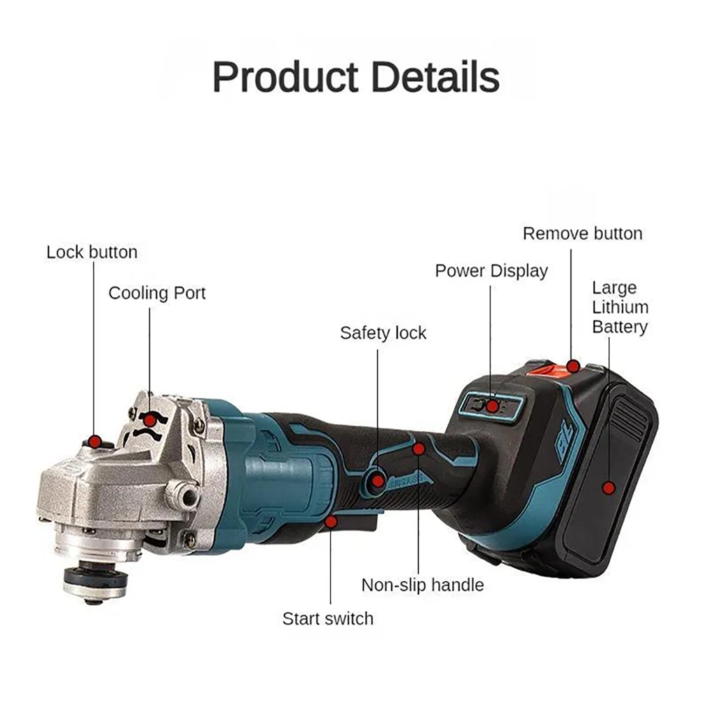 Amoladora Angular Eléctrica Inalámbrica de 125 mm, 3 Velocidades, Herramienta Eléctrica para Trabajar la Madera, Compatible con Batería Makita de 18 V